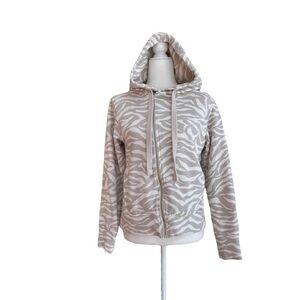 Zella Beige Zebra Stripe Long Sleeve Hooded Full Zip Jacket Womens Size S